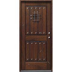 a wooden door with metal handles and bars on the top, against a white background