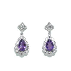 10KT White Gold Amethyst Earrings.  Amethysts: Pear 6MM x 4MM. Diamonds: 0.05CTW. Amethyst Earrings, Gemstone Earrings, Stone Color, Special Events, Diamond Earrings, Pear