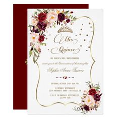 an elegant burgundy and gold quince wedding card with flowers on the front, in white background