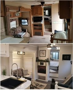 two pictures show the inside and outside of an rv, one with a kitchenette