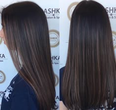 Straight Hair With Brown Highlights, Dark Hair With Highlights Straightened, Dark Hair Color Straight, Small Brown Highlights On Black Hair, Black Hair With Subtle Balayage, Highlights Black Straight Hair, Dark Caramel Highlights On Dark Hair, Subtle Balayage On Dark Hair, Bayalage On Black Hair Straight