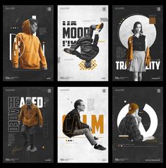 four different posters with the same image on them, each featuring a man in an orange hoodie