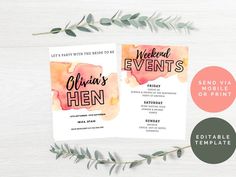 a wedding program with watercolor paint and greenery