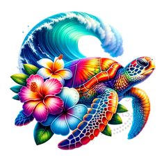 a painting of a turtle with flowers on it's back and waves in the background