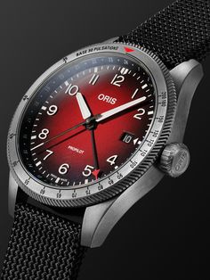 Oris' partnership with some of the world's finest aeromedical organisations leads to impressive technical innovation, the 'ProPilot' watch is equipped with a pulsometer to calculate heart rate. Engineered with an in-house calibre 798 movement, this PVD-coated stainless steel reference has a striking red gradient dial with a central GMT hand, date window and Super-LumiNova® coated numerals and indices for legibility. The durable canvas strap is even lined with supple leather for all-day comfort.… Oris Propilot, Red Gradient, Aviator Watch, Top Rings, Heart Rate, Black Canvas, Luxury Watches, Stainless Steel Case, Stainless Steel