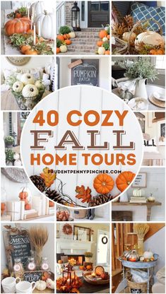 a collage of pumpkins and gourds with the words 40 cozy fall home tours