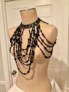 Black Chunky Shoulder Necklace Trendy Victorian Mourning | Etsy Gothic Necklace Aesthetic, Wedding Necklace With Round Beads And Chain, Long Beaded Necklace For Party, Costume Jewelry Style, Long Beaded Necklace With Chain For Party, Unique Adjustable Beaded Necklaces For Party, Unique Beaded Necklaces For Party, Bohemian Multi-strand Jewelry For Parties, Unique Beaded Chain Necklace For Party, Costume Jewelry Beaded Party Necklace