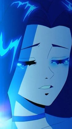 an animated image of a woman's face with blue eyes and dark hair, looking to the side