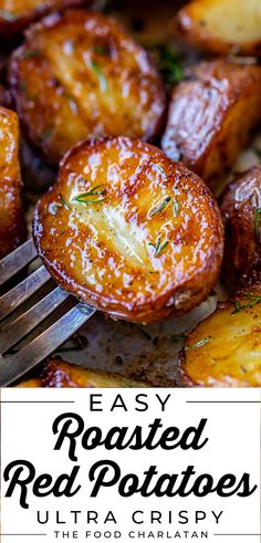 Easy roasted baby red potatoes with garlic on a pan with a fork Mediterranean Red Potatoes, Stovetop Red Potatoes, Garlic Red Skin Potatoes, Best Red Skin Potato Recipes, Things To Make With Red Potatoes, Pan Roasted Red Potatoes, Roasted Red And Yellow Potatoes, Healthy Roasted Red Potatoes, New Red Potatoes Recipes