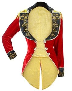 a red and yellow jacket with gold trimmings on the chest, front and back