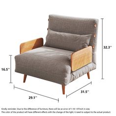 a chair that has measurements for the back and armrests, with an additional seat cushion