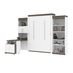 a computer desk and bookcase with white cabinets