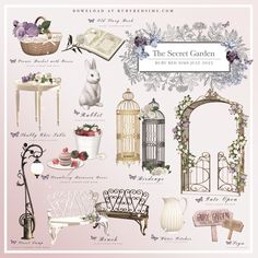 the secret garden wallpaper mural is shown in pink, white and purple colors with various items