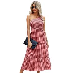 Burgundy Plaid Print Pleated One-shoulder Midi Dress Casual Off-shoulder Strapless Dress For Summer, Casual Off-shoulder Strapless Summer Dress, Casual Off Shoulder Dress For Day Out, Casual Off Shoulder Strapless Dress For Day Out, Summer One Shoulder Dress With Smocked Bodice, Summer One-shoulder Dress With Smocked Bodice, One Shoulder Summer Dress With Smocked Bodice, Casual Off-shoulder Midi Dress With Smocked Bodice, Red Strapless Off Shoulder Dress For Spring