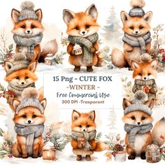 watercolor winter fox clipart set with snow and pine cones, scarfs, mittens