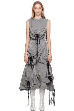 Paula Canovas Del Vas: Silver Bao Midi Dress | SSENSE Sleeveless Evening Dress With Drawstring, Spring Evening Dress With Drawstring, Elegant Spring Dress With Side Ties, Sleeveless Spring Dresses With Side Ties, Sleeveless Dresses With Side Ties For Spring, Friday Drinks, Silk Twill, Silk Dress, Clothing Accessories