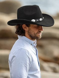 Black  Collar  Polyester   Embellished   Men Accessories Black Cowboy Hat Outfit Men, Cowboy Hat Outfit Men, Man In Cowboy Hat, Outlaw Outfit, Cowboy Hair, Cowboy Outfit Men, Cowboy Reference, Cowboy Hat Men, Lyla Sage