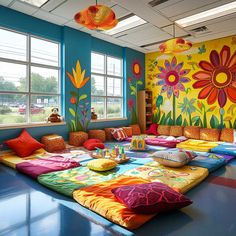 a colorful room with lots of pillows on the floor