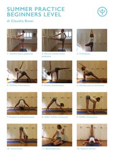 a woman doing yoga poses in front of a window with the words summer practice beginners level