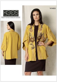 Misses Tulip Banded-Sleeve Kimono Jacket.Vogue Sewing Pattern 1493.From the 'Koos van den Akker' range.Very loose-fitting, unlined jacket has band, side-front seams and pockets, side slits, stitched hems, self-lined, overlapped sleeves, and continuous bias binding for trim and finishing seams.Recommended fabricsLinen, Crepe, Gabardine, Wool Flannel. Contrast: Shantung, Charmeuse, Taffeta. Kimono Jacket Sewing Pattern, Kimono Jacket Pattern, Jacket Pattern Sewing, Tulip Sleeve, Vogue Sewing, Vogue Sewing Patterns, Vogue Pattern, Vogue Patterns, Womens Kimono