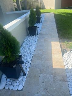 there are many plants and rocks in the garden on this walkway that is lined with stones