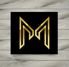 the letter m is made up of gold lines on black and white wood planks