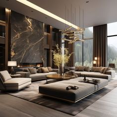 a modern living room with marble walls and flooring, couches, coffee table and chandelier