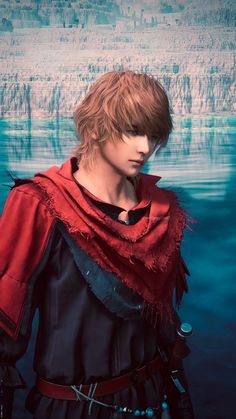 a young man dressed in red and black standing next to water with icebergs behind him