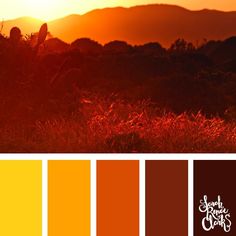 the sun is setting over some mountains and grass with red, orange, yellow, and brown hues