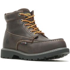 Wolverine Men's Floorhand Moc Toe 6" Steel Toe Waterproof Work Boot -Dark Brown- W221048 On Sale Now! This Item Ships FREE! Built on the foundation of Wolverine’s top-selling franchise, the Floorhand Moc-Toe features an iconic silhouette made for all aspects of the day. With function top of mind, the Floorhand Moc-Toe is constructed to handle a wide range of activities, from exploring the great outdoors to everyday projects. Stay comfortable with premium waterproof full-grain leather and a breat Durable Brown Moc Toe Work Boots, Brown Moc Toe Safety Work Boots, Brown Moc Toe Work Boots For Safety, Brown Safety Work Boots With Moc Toe, Brown Durable Snip Toe Work Boots, Durable Brown Snip Toe Work Boots, Brown Durable Work Boots With Plain Toe, Brown Waterproof Boots With Sturdy Round Toe, Sturdy Brown Waterproof Boots With Round Toe