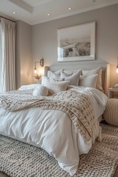 a large white bed sitting in a bedroom next to two lamps