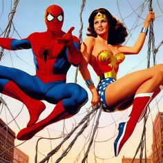 a painting of two women dressed as wonder and spider - man in front of barbed wire