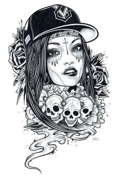 a drawing of a woman with skulls on her face and a baseball cap over her head