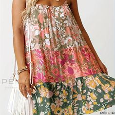 Peilia - Womens Summer Casual Cami Dress with Floral Print, Tiered Design for a Stylish Vacation Look Dress With Floral Print, Printed Casual Dresses, Dress For Summer, Daily Dress, Casual Fit, Cami Dress, Elegant Dress, Chest Pad, Free Clothes