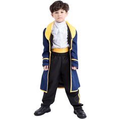 a young boy dressed in a costume for the movie beauty and the beast, standing with his hands on his hips