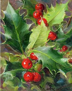 a painting of holly with red berries and green leaves