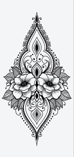 a black and white drawing of flowers on a white background with an ornate design in the middle