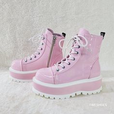 Pink Hologram Patent 2" (51mm) Platform Lace-Up Front Ankle Boot Side Zipper Brand New From Demonia Pink Platform Boots, Pink Combat Boots, Indie Clothes, Demonia Shoes, Barbie Core, Pink Boots, Punk Rave, Rave Festival, Cute Boots