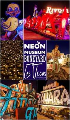 neon museum and boneyard las vegas sign collage at night with lights in the background