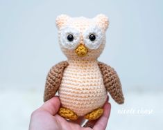 a small crocheted owl sitting on top of someone's hand in front of a white background