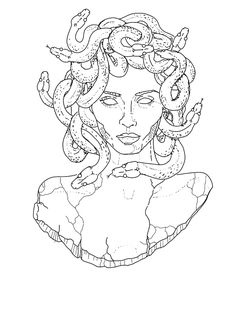 a drawing of a woman with snakes on her head and hands around her neck, in black and white