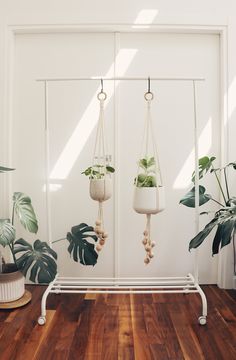 three hanging planters with plants in them on a wooden floor next to a white wall