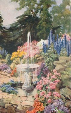 a painting of a garden with flowers and a water fountain in the middle of it