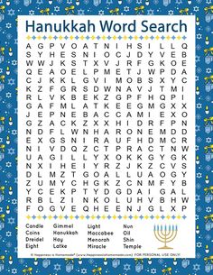 the hanukkah word search is shown on a blue background