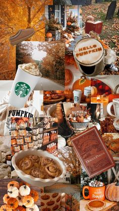 a collage of photos with pumpkins, coffee and other things in them on the table