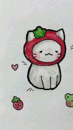 a drawing of a cat with a green bow on it's head and some strawberries around its neck