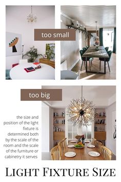 an image of a dining room table and chairs with the text light fixture size guide