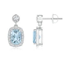 Cushion-cut aquamarine reflects the calmness of the ocean and the beauty of the sky. The bezel-set diamond and sparkling diamond halo add to the elegance of the pair. Crafted in 14k white gold, these dangle earrings are designed to embody old world elegance. Choose from different stone qualities (good, better, best and heirloom) and multiple total carat weight options. Good Better Best, Aquamarine Solitaire Ring, Old World Elegance, Sparkle Bracelet, Aquamarine Earrings, Aquamarine Pendant, Classic Bracelets, Diamond Dangle Earrings, Halo Earrings