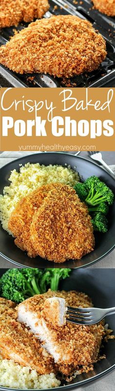 crispy baked pork chops on a plate with broccoli