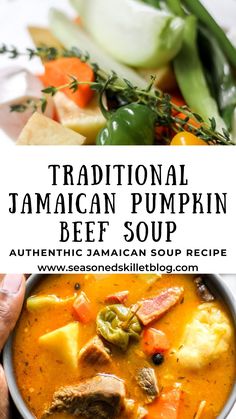 traditional jamaican pumpkin beef soup in a bowl